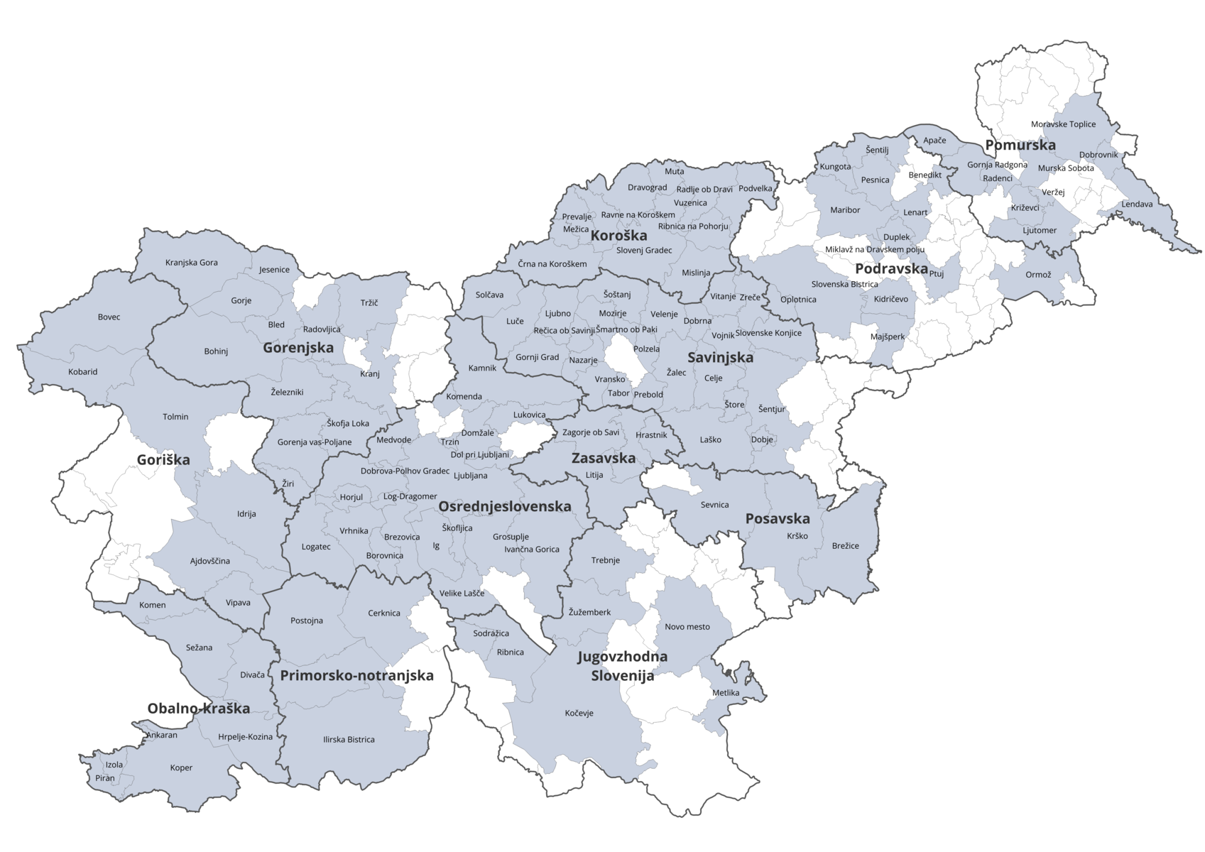 Prikaz v projekt vključenih občin na zemljevidu Slovenije