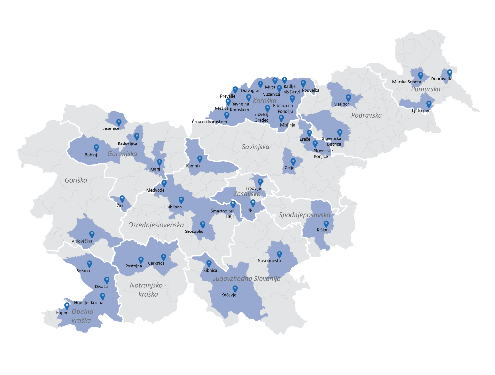 Prikaz v projekt vključenih občin na zemljevidu Slovenije